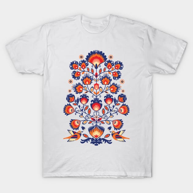 Blue and yellow folklore with birds T-Shirt by FK-UK